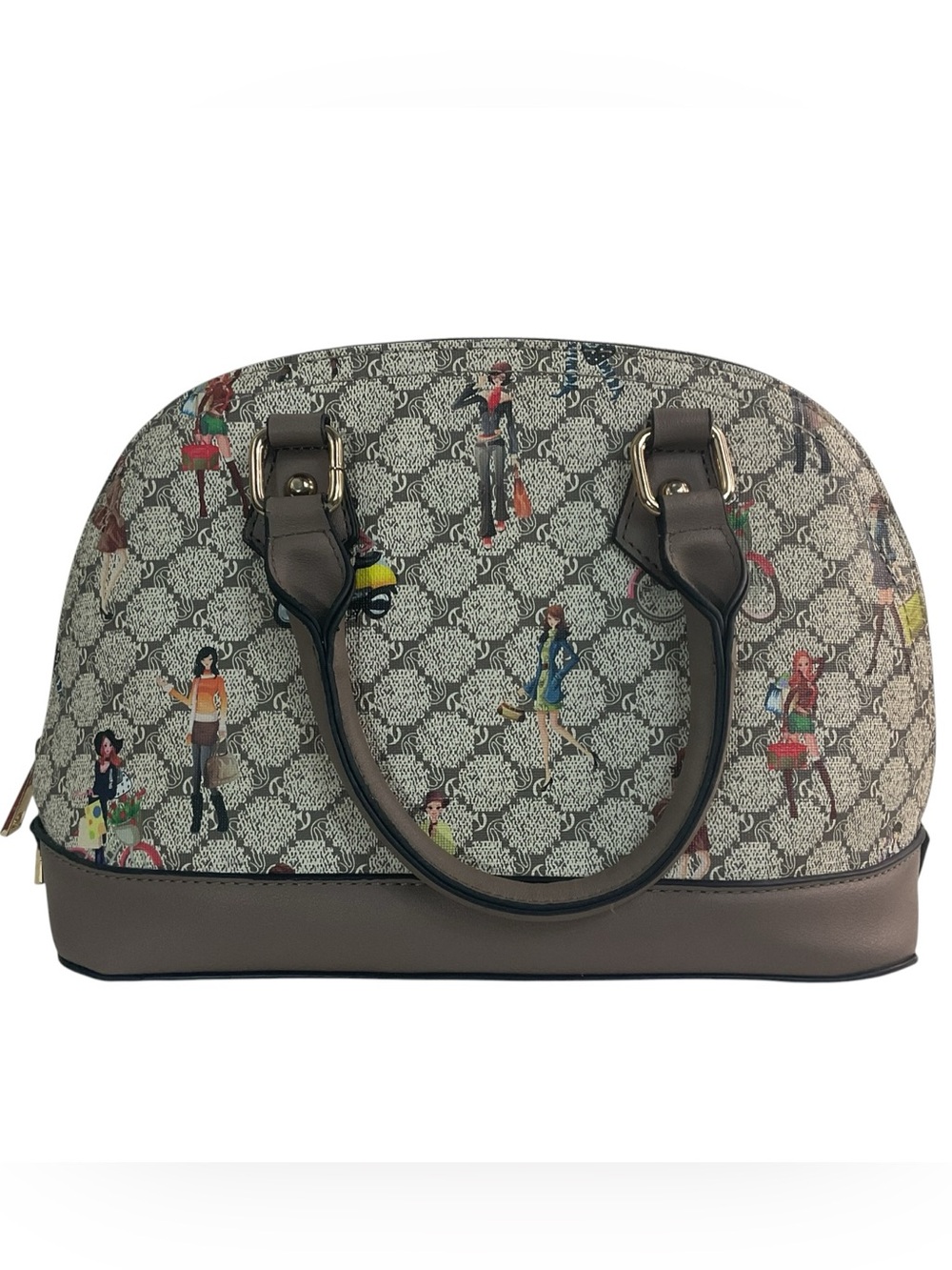 Women’s Dome Satchel Handbag Fashion Shopper Print Taupe PVC Zip Top